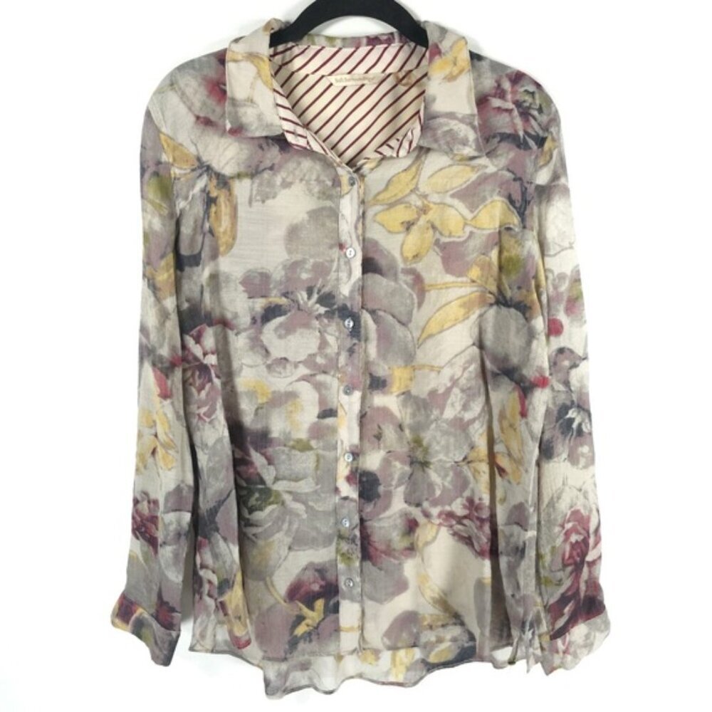 Soft Surroundings Floral Button Up Long Sleeve Collared Sheer St‎ 38945 Size PM
